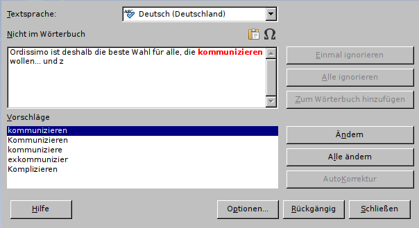 Andere Optionen der Rechtschreibprüfung